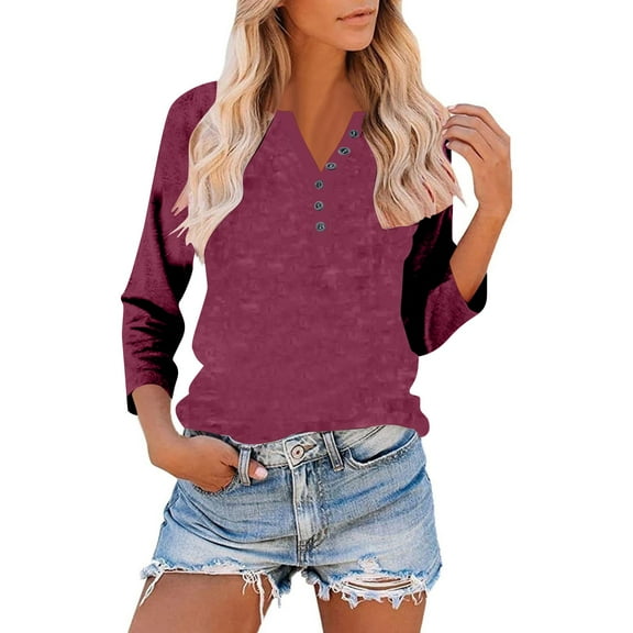Moxiu 3/4 Length Sleeve Womens Tops Casual Dressy Button V Neck Henley Shirt Color Block Raglan Shirts Fashion Tunic Blouse Red,XXL