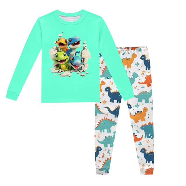 Pyjamas Garçon Ensemble de Pyjama Imprimé Dinosaure Col Rond Manches Longues Pantalon 2 Pcs Printemps Automne Pyjamas Enfants Vert Menthe 8 Ans-9 Ans