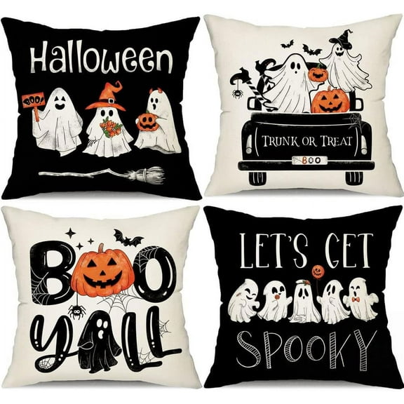 Halloween Pillow Covers 20x20 inch Set of 4 Black and White Ghost Pumpkins Decoration Outdoor Pillow Cases Black Throw Pillow Covers Decor for Sofa Bed Outdoor Car