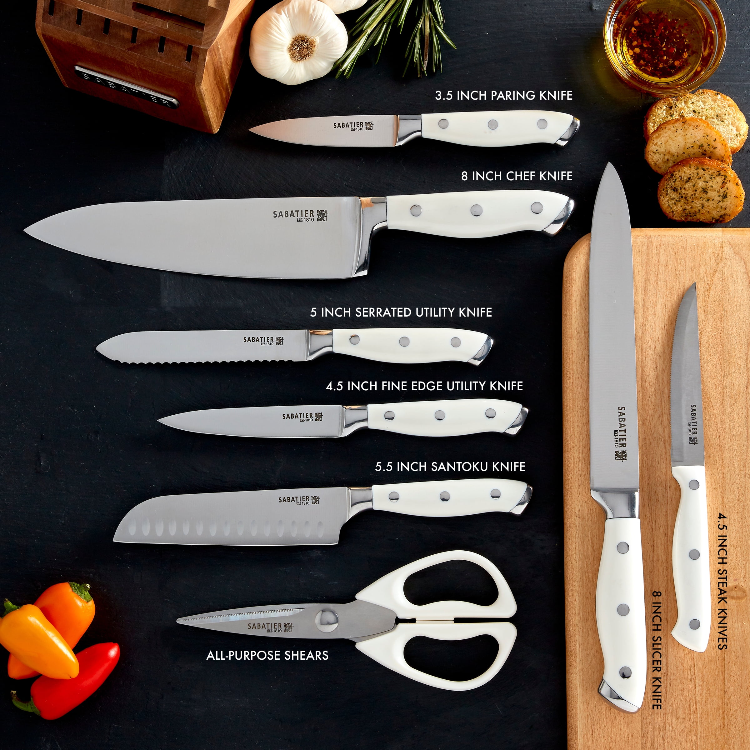 Sabatier 15 Piece Forged Knife Block Set with Acacia Wood Block, White Handles