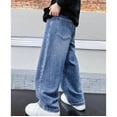 thumbnail image 4 of UACY Boys Jeans Baggy Casual Classic Straight Wide Leg Denim Pants Elastic High Waisted Preppy Trousers Girls Y2K Streetwear with Pockets (Light Blue, 5-6 Years), 4 of 5