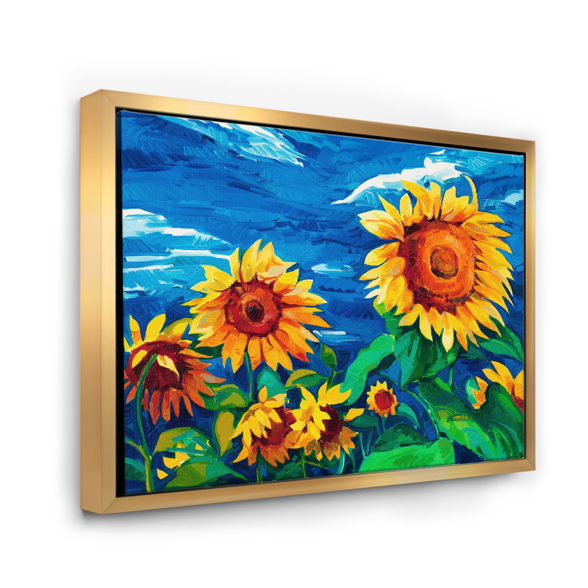 Sunflowers Field Under A Bright Blue Sky 20 in x 12 in Framed Painting Canvas Art Print, by Designart