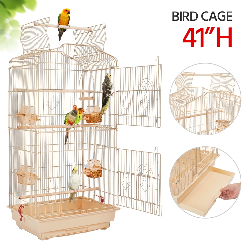 Alden Design Large 41" Metal Bird Cage with Play Top for Parakeets and Lovebirds, Almond