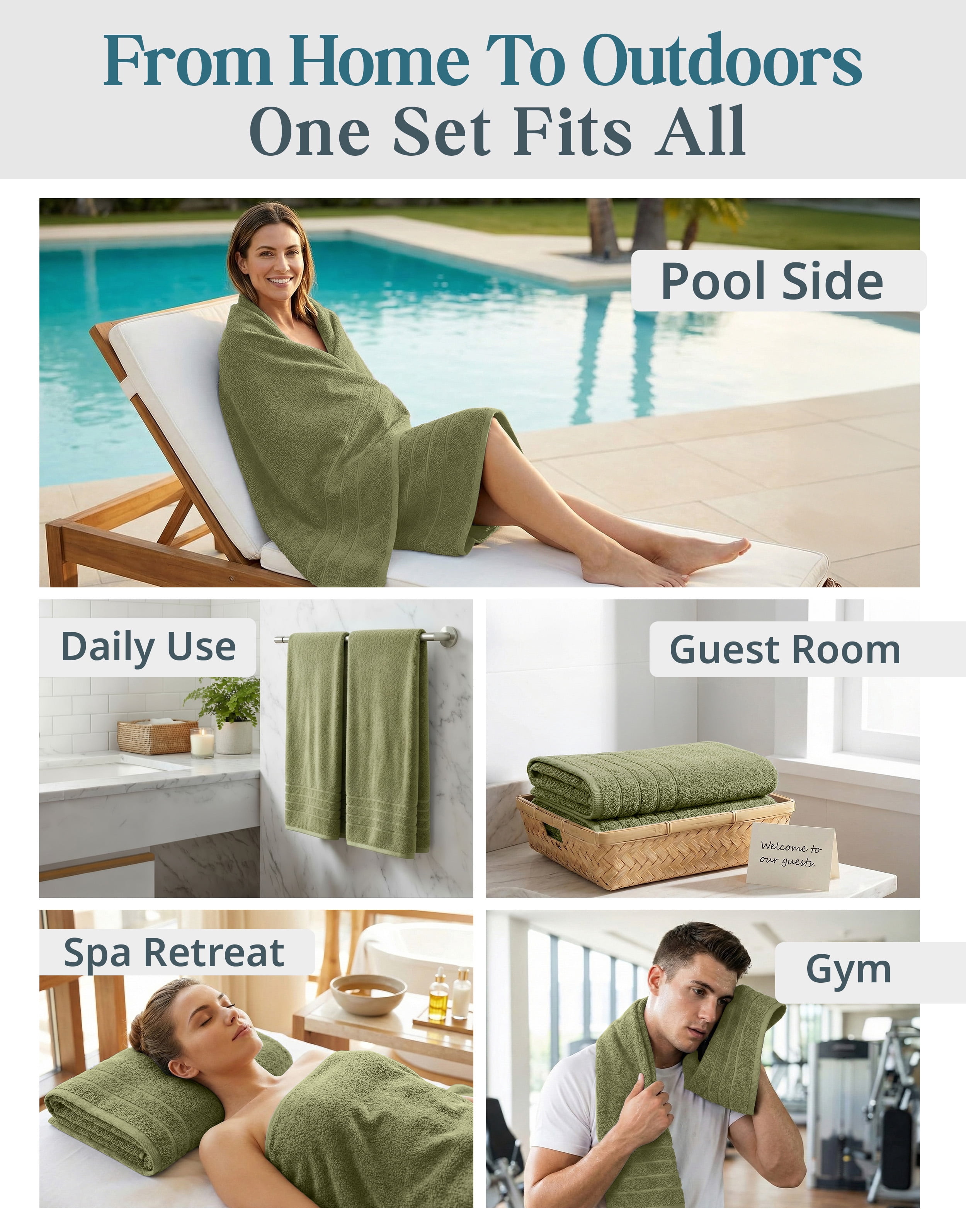 Casa Platino Bath Towels Set - 4-Pack Soft & Absorbent 100% Cotton Towels for Home, Spa, Gym & Travel - Oil Green
