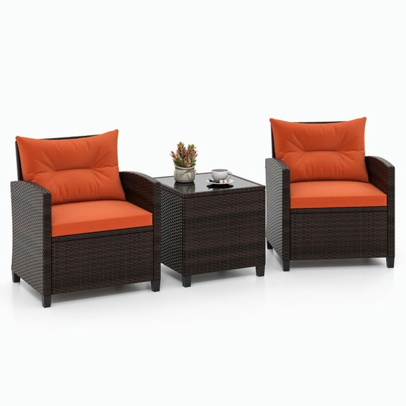 Spaco 3 Pieces Rattan Patio Furniture Set with Washable Cushion, Outdoor Chairs, Patio Chair, Outdoor Patio Furniture-Orange