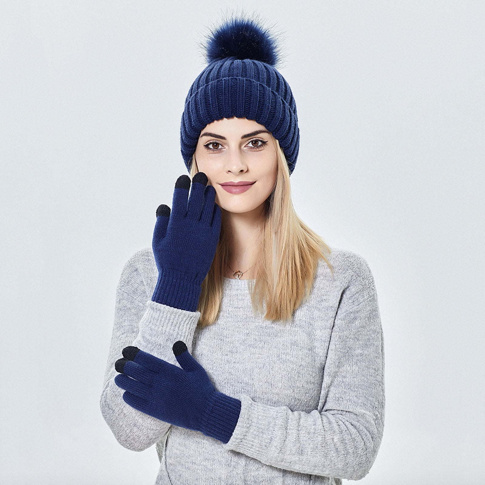 WTXUE Beanie, Gloves for Women Winter Womens Warm Hat Thick Hat Warm Soft with Gloves Knitted Knit Ski Cuff Baseball Caps Gloves with Touchscreen Fingers, Navy