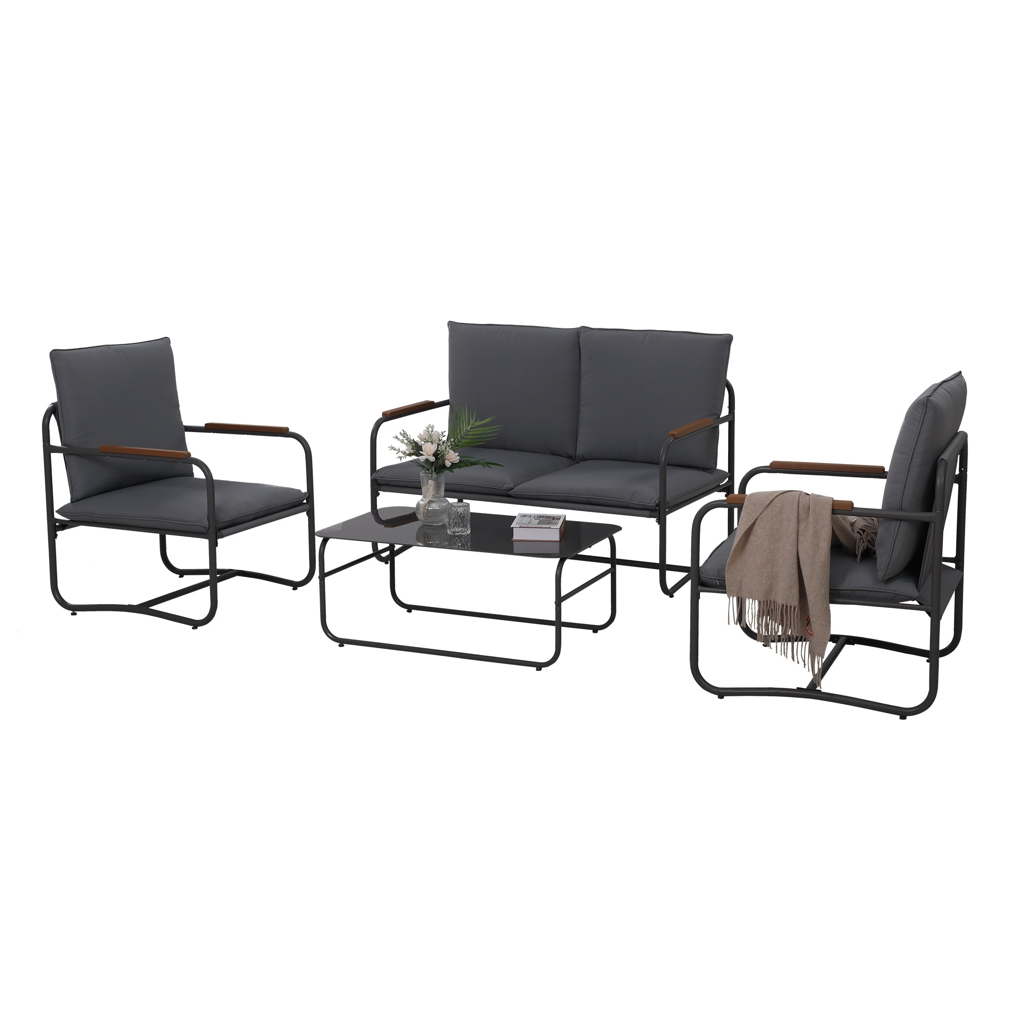 Metal Patio Outdoor Furniture Set, 4 Piece Outdoor Deep Seating