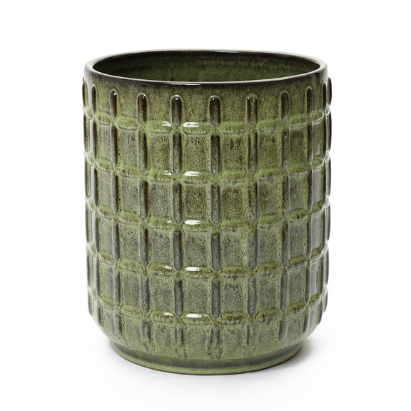 LuxenHome 14" Tall Ceramic Planter Pot for Indoor Outdoor Plants with Geometric Texture, Large Garden Plant Pots with Drainage Hole, Green