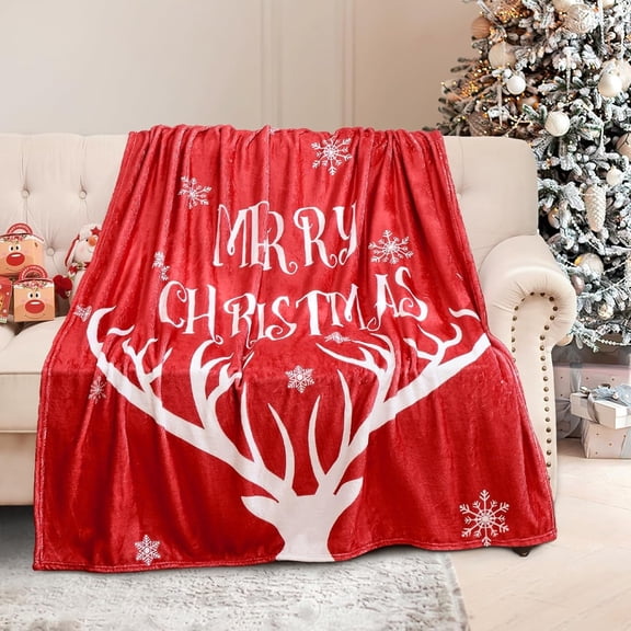 Christmas Flannel Throw Blanket, Red Reindeer Antler Merry Christmas Print Throw Blanket