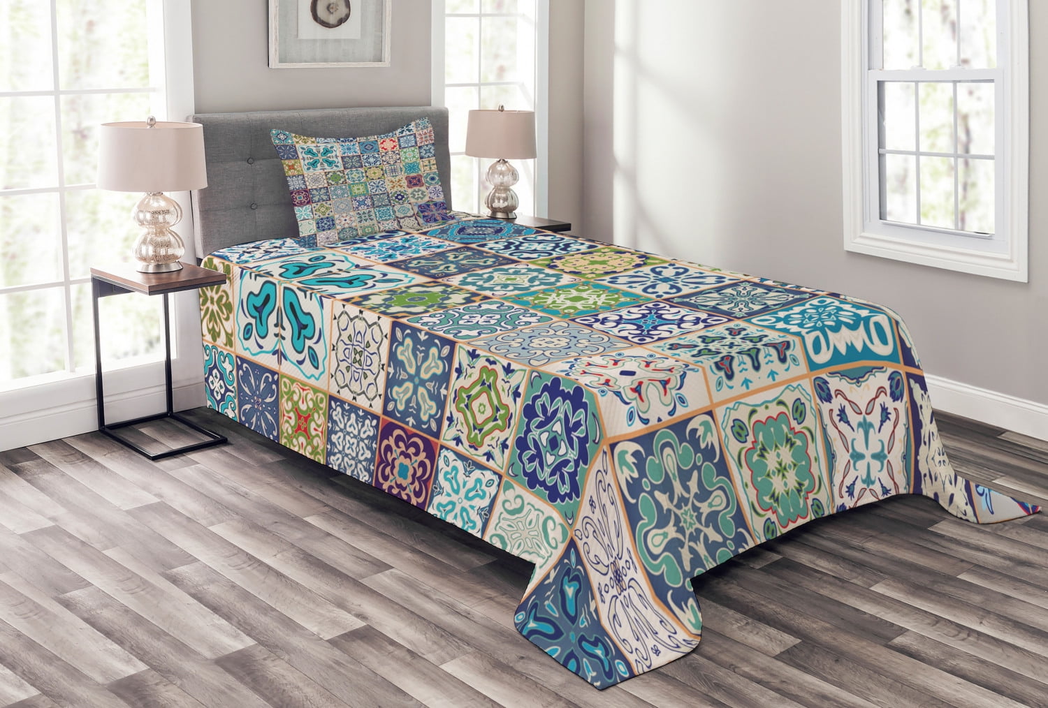 Moroccan Bedspread Set Twin Size, Floral Patchwork Design with