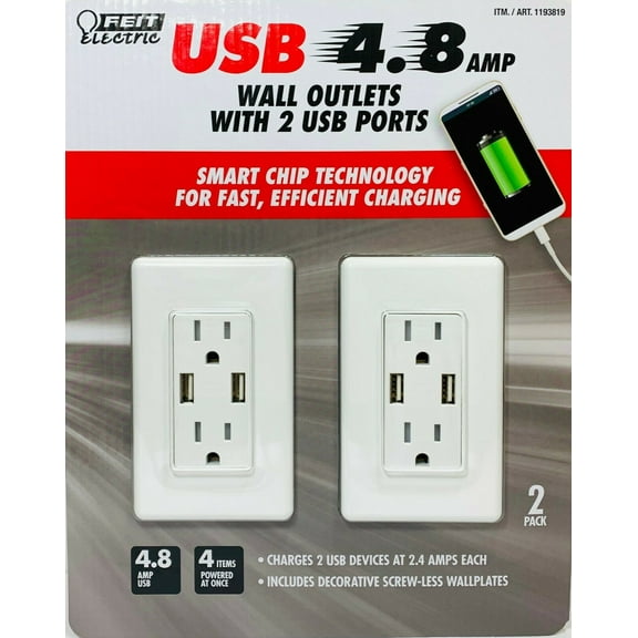 Feit Electric Wall Receptacle with USB Ports, 2-pack