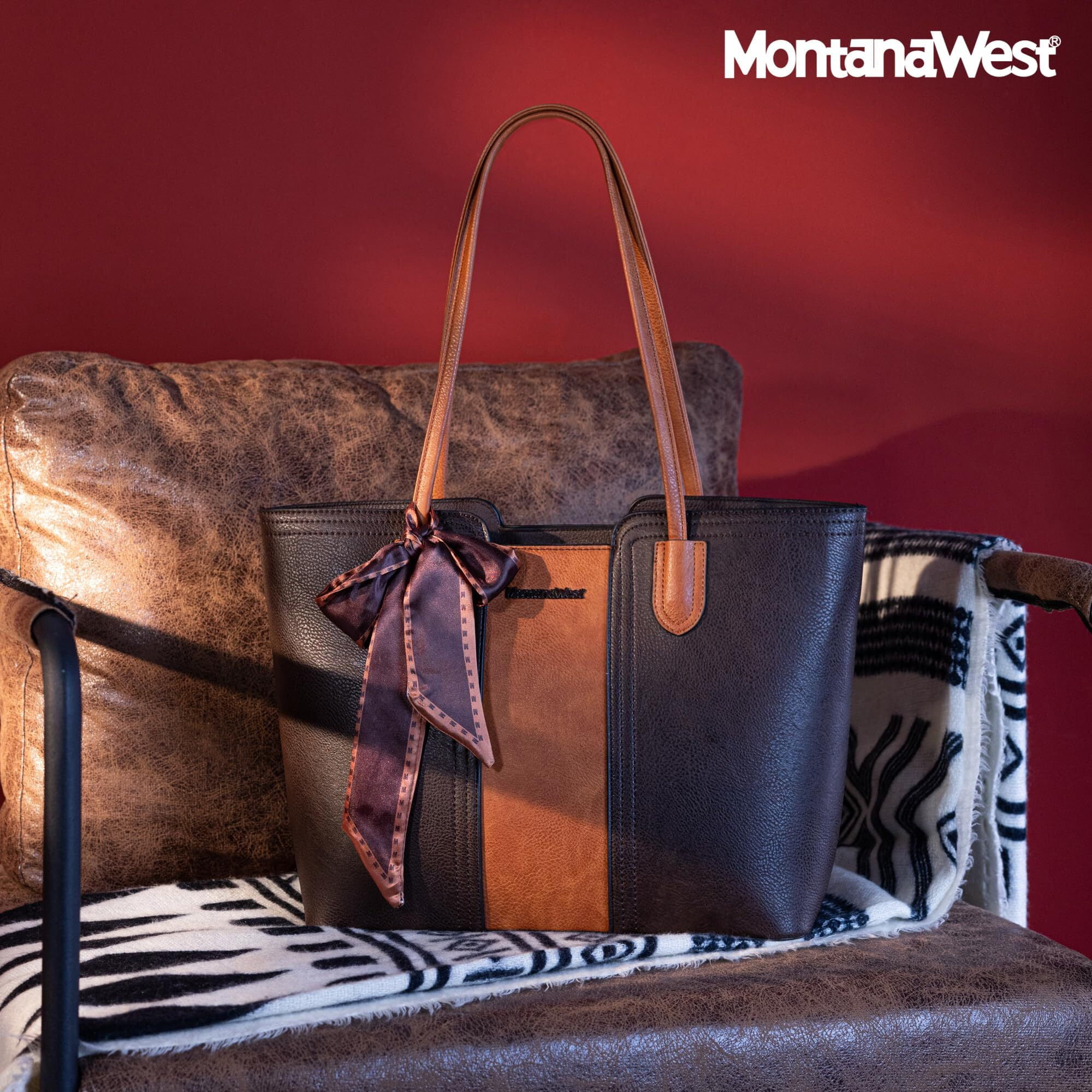 Montana West Tote Bags for Women Medium Top Handle Handbags with Scarf, Orange-Coffee