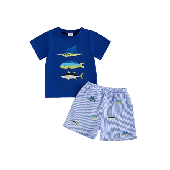 BemeyourBBs 2Pcs Toddler Baby Boy Summer Clothes Infant Baby Boys Fishing Outfits Short Sleeve Fish Embroidery T-Shirt Striped Pockets Shorts Set Toddler Baby Boys Summer Outfit