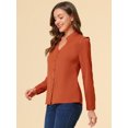 thumbnail image 3 of Elegante camisa abotonada cuello alto con escote en V recortado carrera primavera para mujer marrón S, 3 of 6