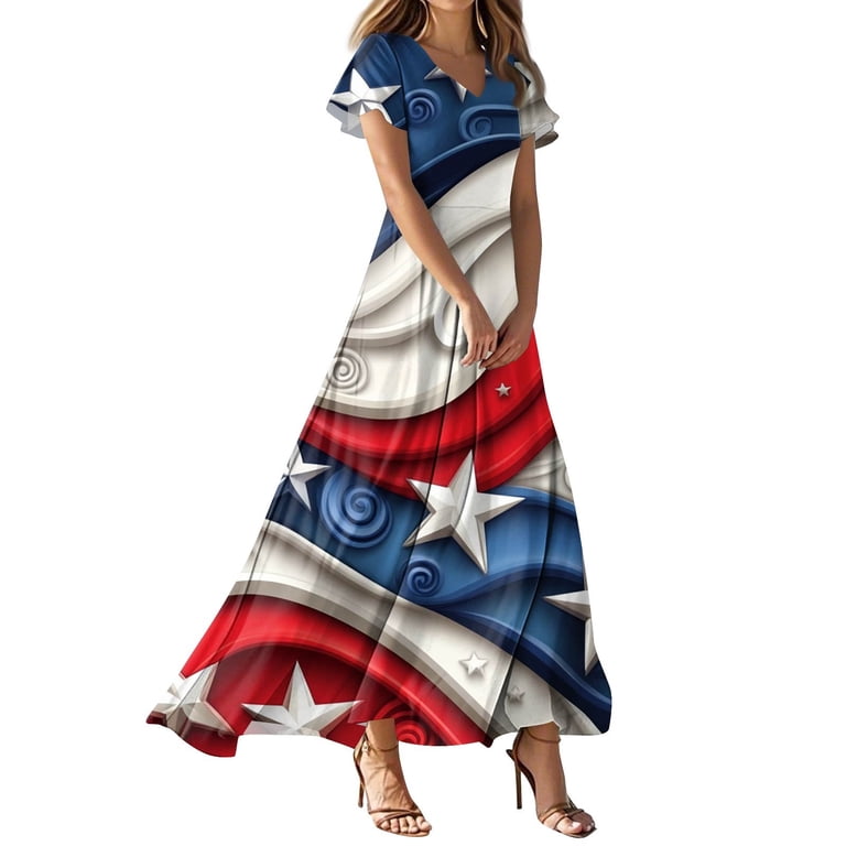 SAATLERI Red White and Blue Dress for Women Flowy American Flag Dress  A-Line High Waist V Neck Short Sleeve 4th of july Summer Long Dresses -  Walmart.com