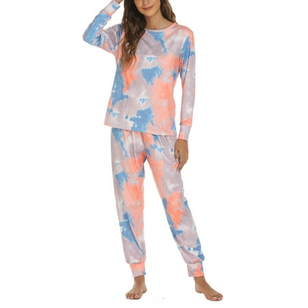 

Avamo Women Nightgown Sleepwear Sets Tie Dye Print Long Sleeve Tops Suits Casual Loose Comfy Pajama Homewear Suits