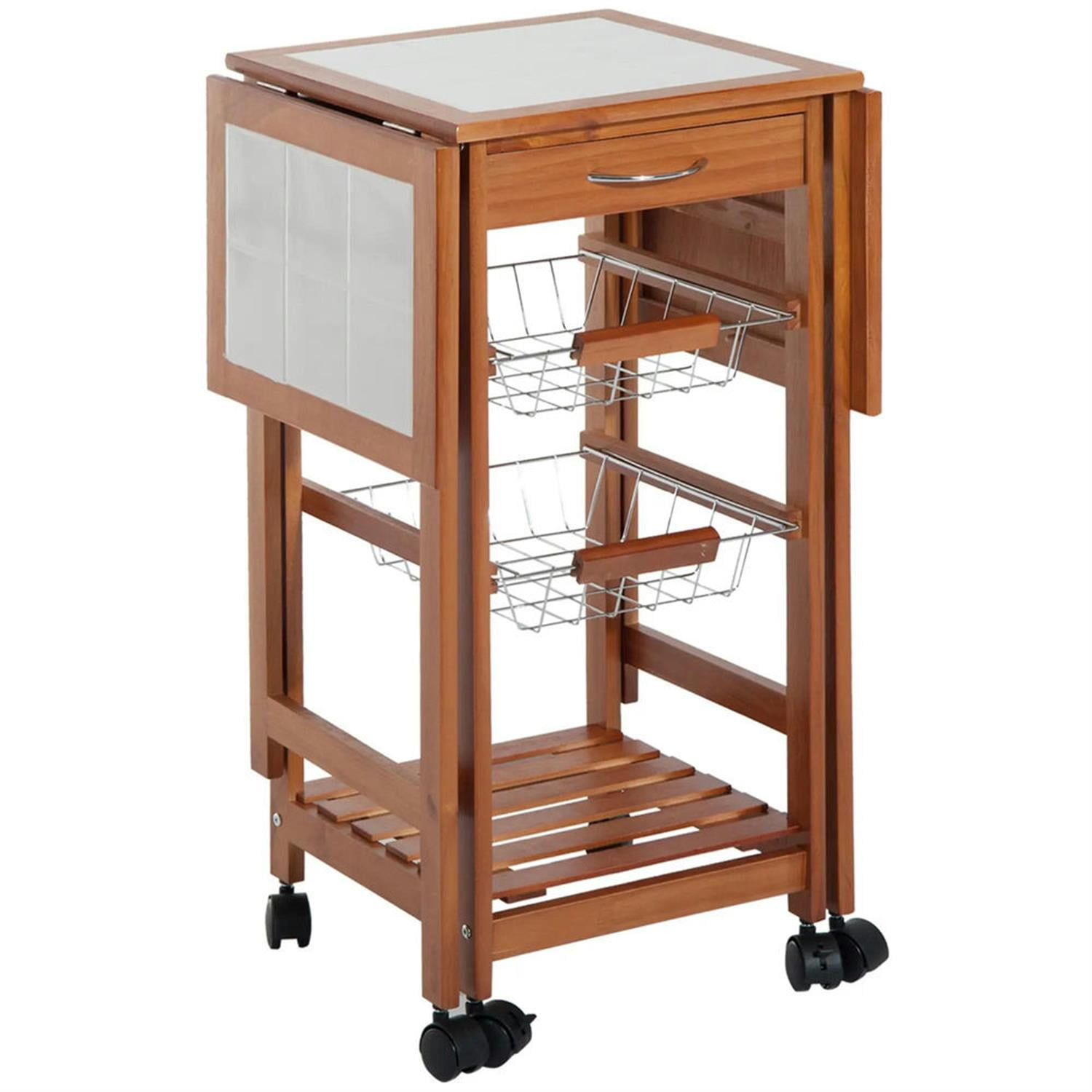 Demi Bonn Small Wooden Kitchen Island Cart on Wheels with Drop Leaf, Rolling Portable Dining Room Serving Utility Carts Mobile Movable with Basket Storage, Brown