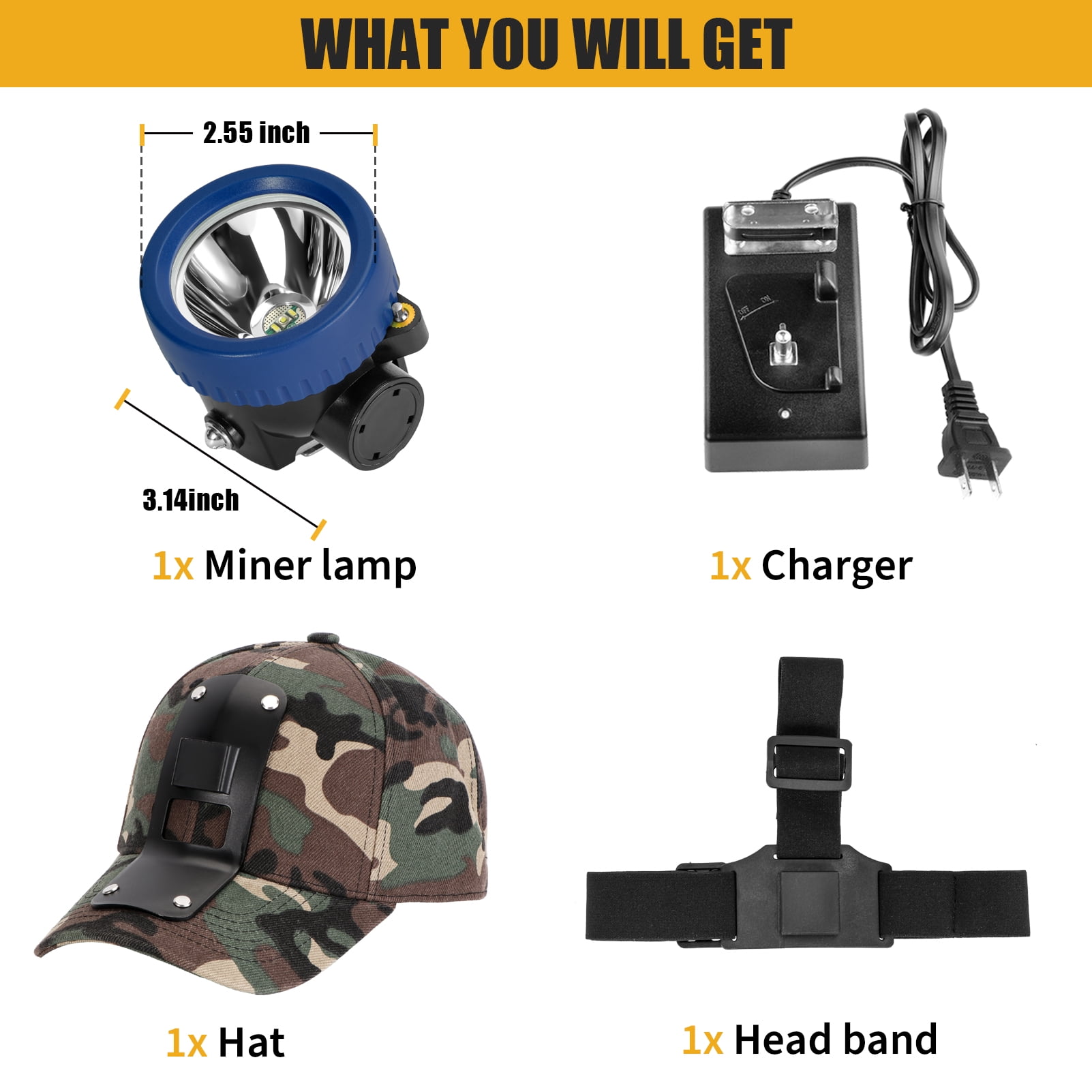 Yongkist Rechargeable LED Mining Headlamp with Hard Hat, Waterproof White Light, Camouflage Miner Cap, Durable Headlight for Underground Work and Outdoor Use