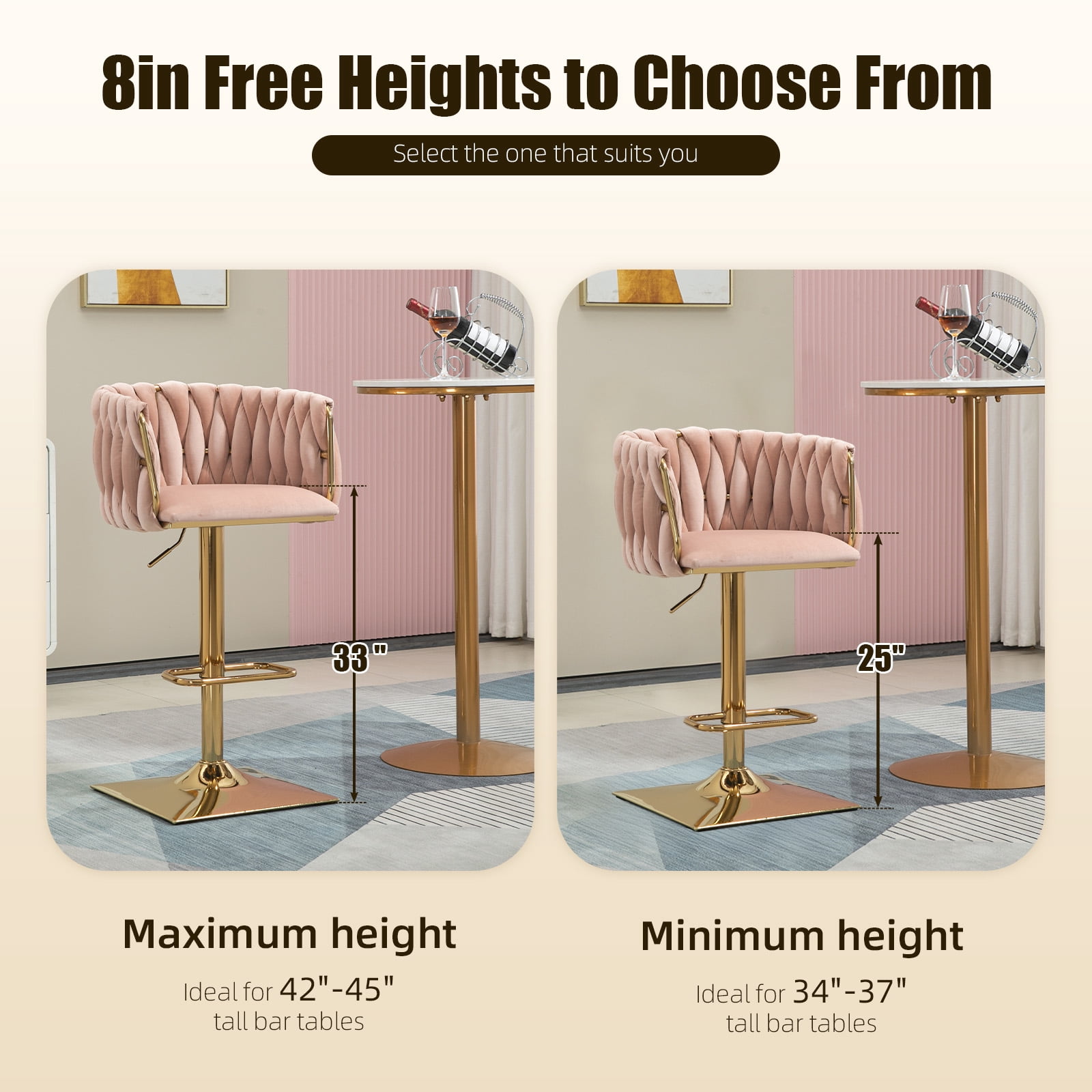 MOONMISS Bar Stools Set of 2, Adjustable Swivel Barstools, Velvet Counter Height Bar Chair with Back and Footrest for Kitchen Island Dining Room Café Pub,Pink