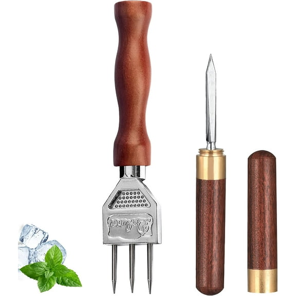 Ice Pick Set of 2 Three Pronged Ice Pick, Stainless Steel Ice Pick with Wood Handle, Durable Carving Bartender Tool (7.2inch 2pcs)