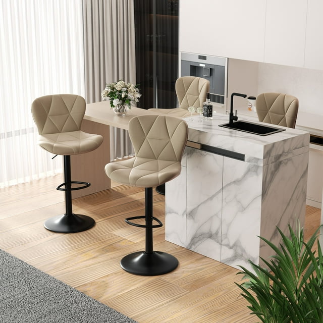Hawsaiy Modern Bar Stools Set of 4, Adjustable Faux Leather Upholstered Swivel Bar Stools, Counter Height Bar Chairs with Back for Kitchen Island, Khaki