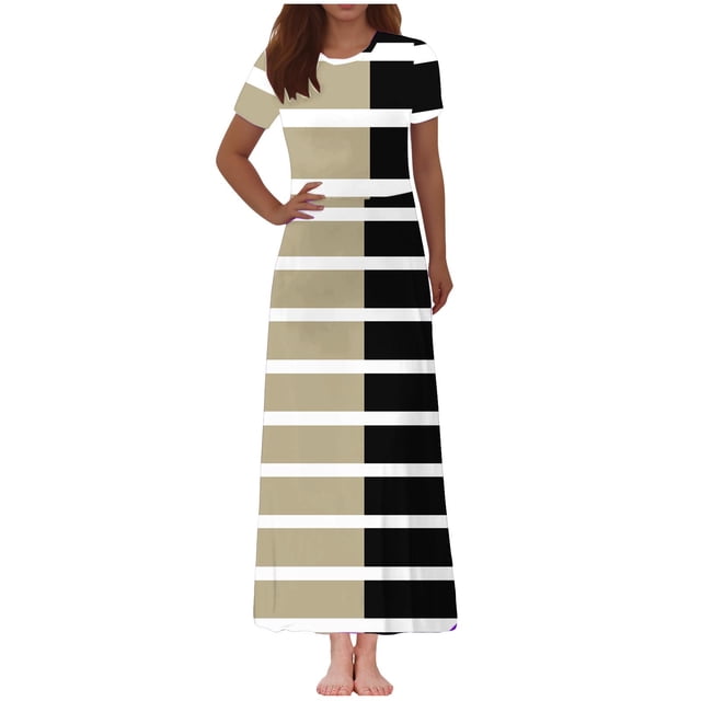 Vestido Corto de Verano de la Moda de las Mujeres Impreso de Manga Corta Cuello Redondo Tobillo de Longitud Vestido Casual