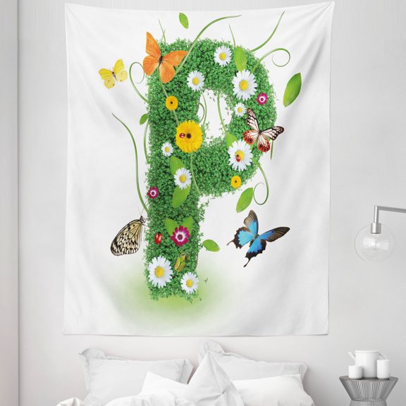 Letter P Tapestry, Lively Springtime Freshness Garden Theme Summer Foliage Papilio Wings, Fabric Wall Hanging Decor for Bedroom Living Room Dorm, 5 Sizes, Green Multicolor, by Ambesonne