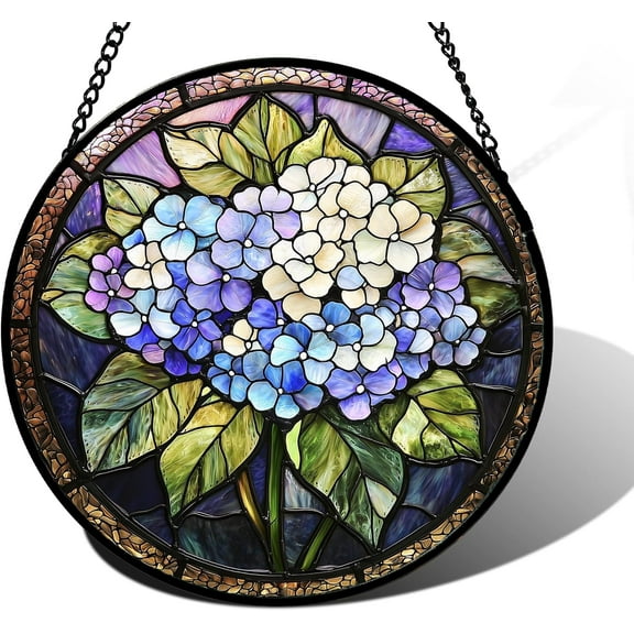 Stained Glass Window Hanging, Hydrangea Flowers Sun Catchers Diamond Glass Panel Hangings Plant Suncatcher Decor for Birthday for Women, Men, Wife, Aunt, and Mom