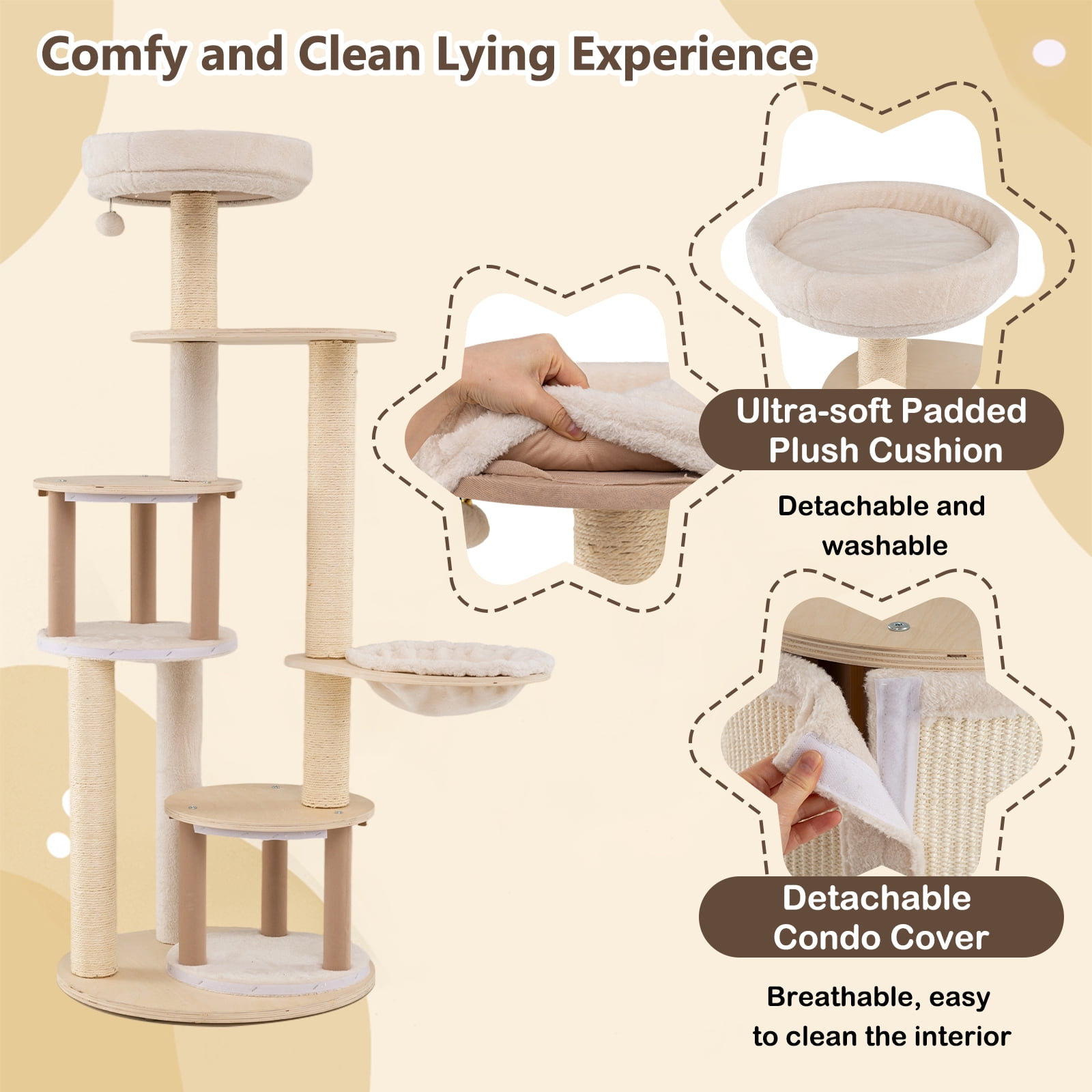 Gymax 60'' Tall Cat Tree Wooden Kitten Tower w/ Sisal Scratching Posts & Mat 2 Condos Perch Hammock
