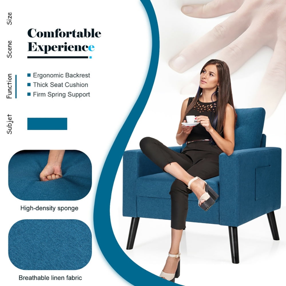 Finihen Upholstered Armchair Chair, Mid-Century Upholstered Armchair Club Chair with Rubber Wood Legs, for Living Room, Bedroom, Blue