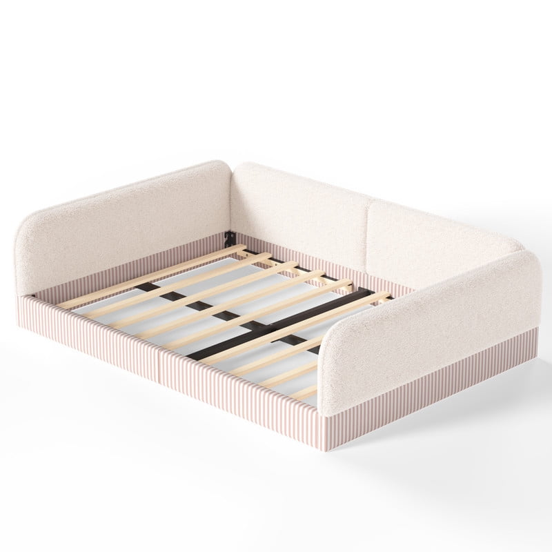 Queen Size Upholstered Floor Daybed Frame for Kids, Half-Enclosed Montessori Platform Bed with 3-Sided Surrounding Guardrails