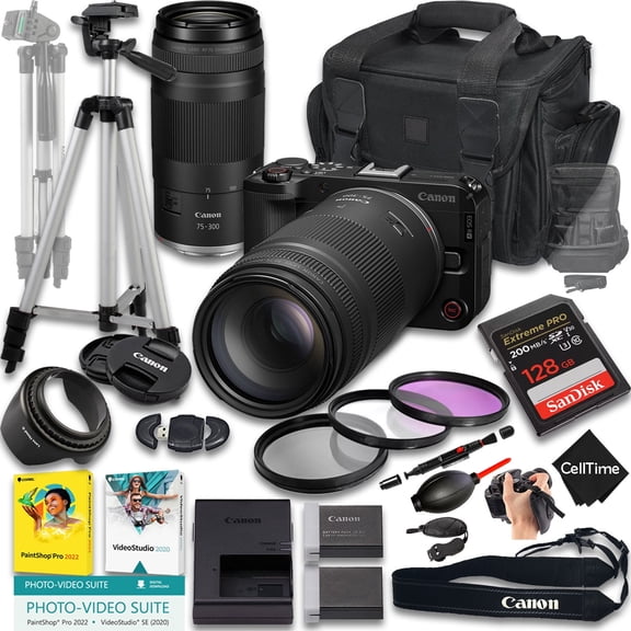 Canon EOS R50 V Mirrorless Camera with RF 75-300mm f/4-5.6 Lens   128 GB Memory   Extra Battery   Camera Case   Tripod   More (19pc Bundle)