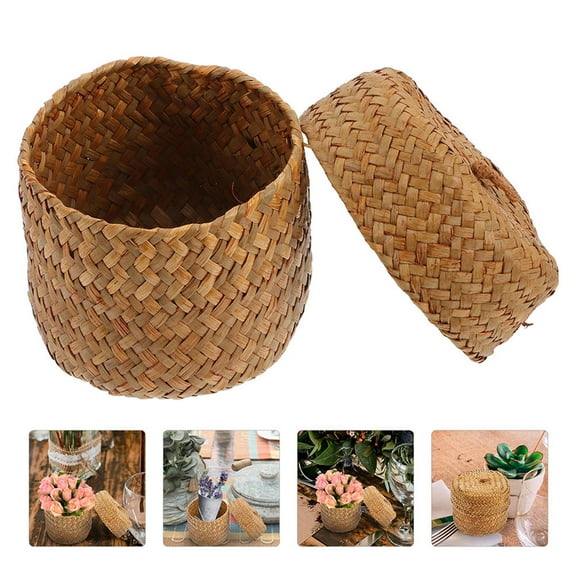 ADDHAT Set of 2 Light Brown Seagrass Baskets with Lids Handmade Woven Storage Containers for Home Decor