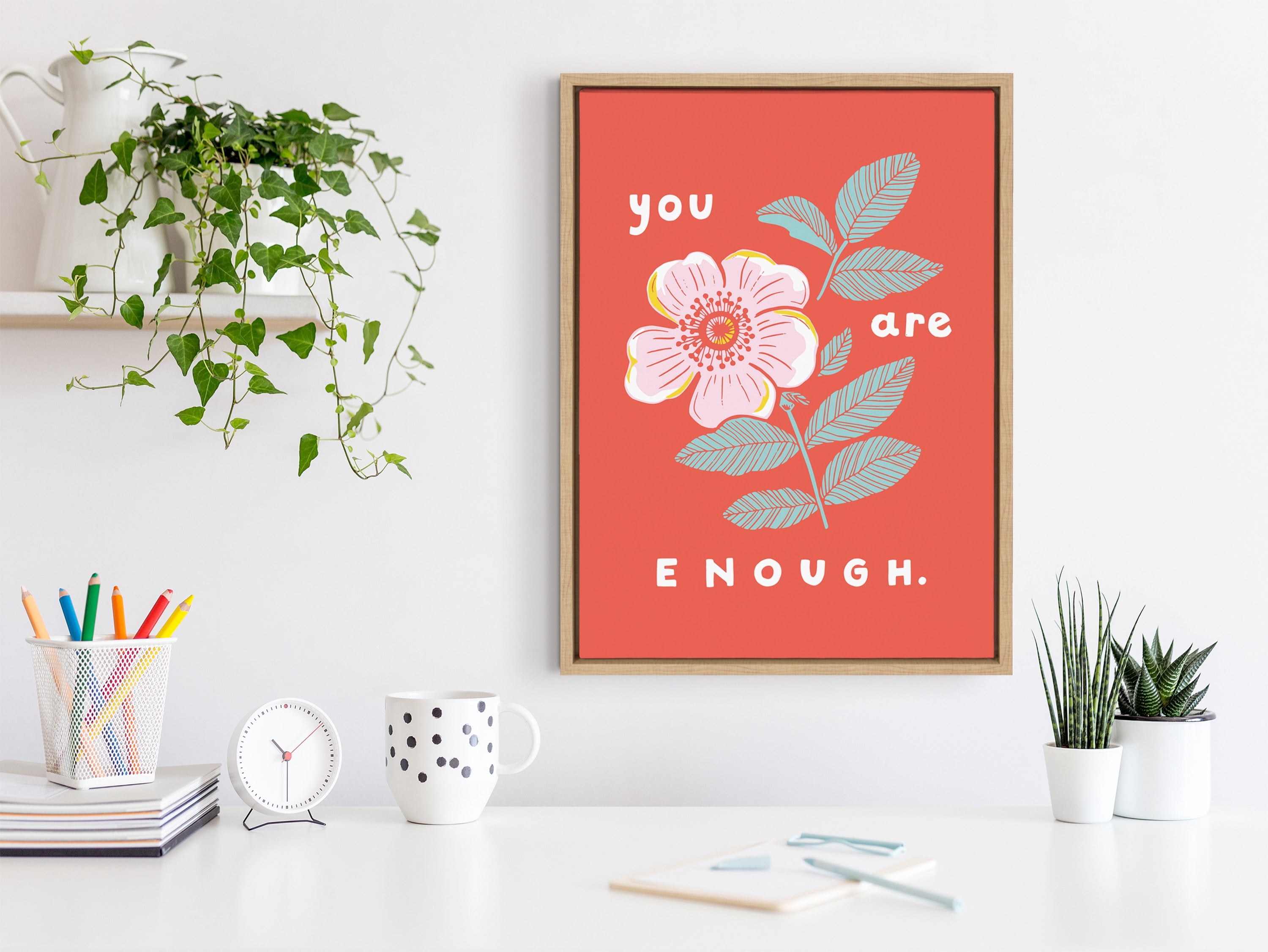 Kate and Laurel Sylvie You Are Enough Framed Canvas Wall Art by Maria Filar, 18x24 Natural, Inspirational Floral Art for Wall