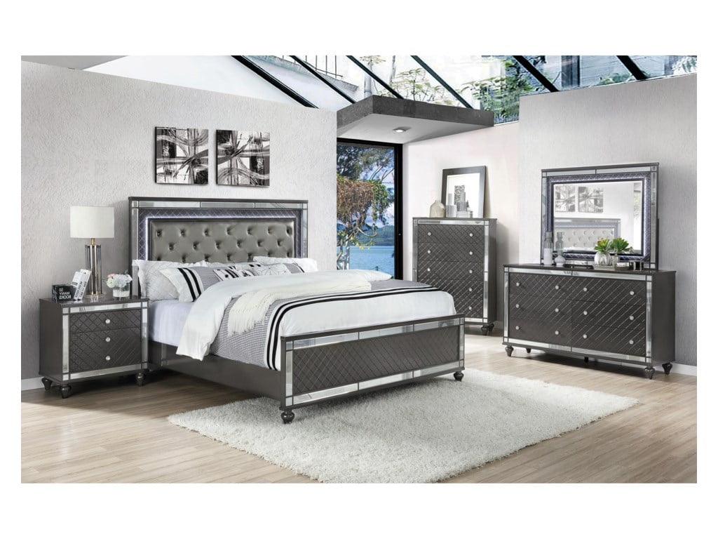 4pc Contemporary Queen Size Bedroom Set, Mirrored Queen Size Bedroom Sets