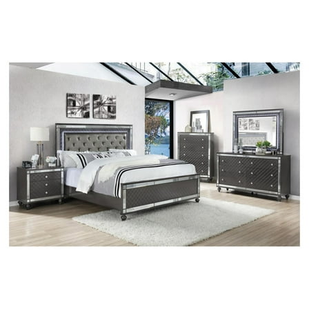 4pc Modern Glam Style LED HB Gray Charcoal Finish Queen Size Panel Bedroom Set Solid Wood Furniture