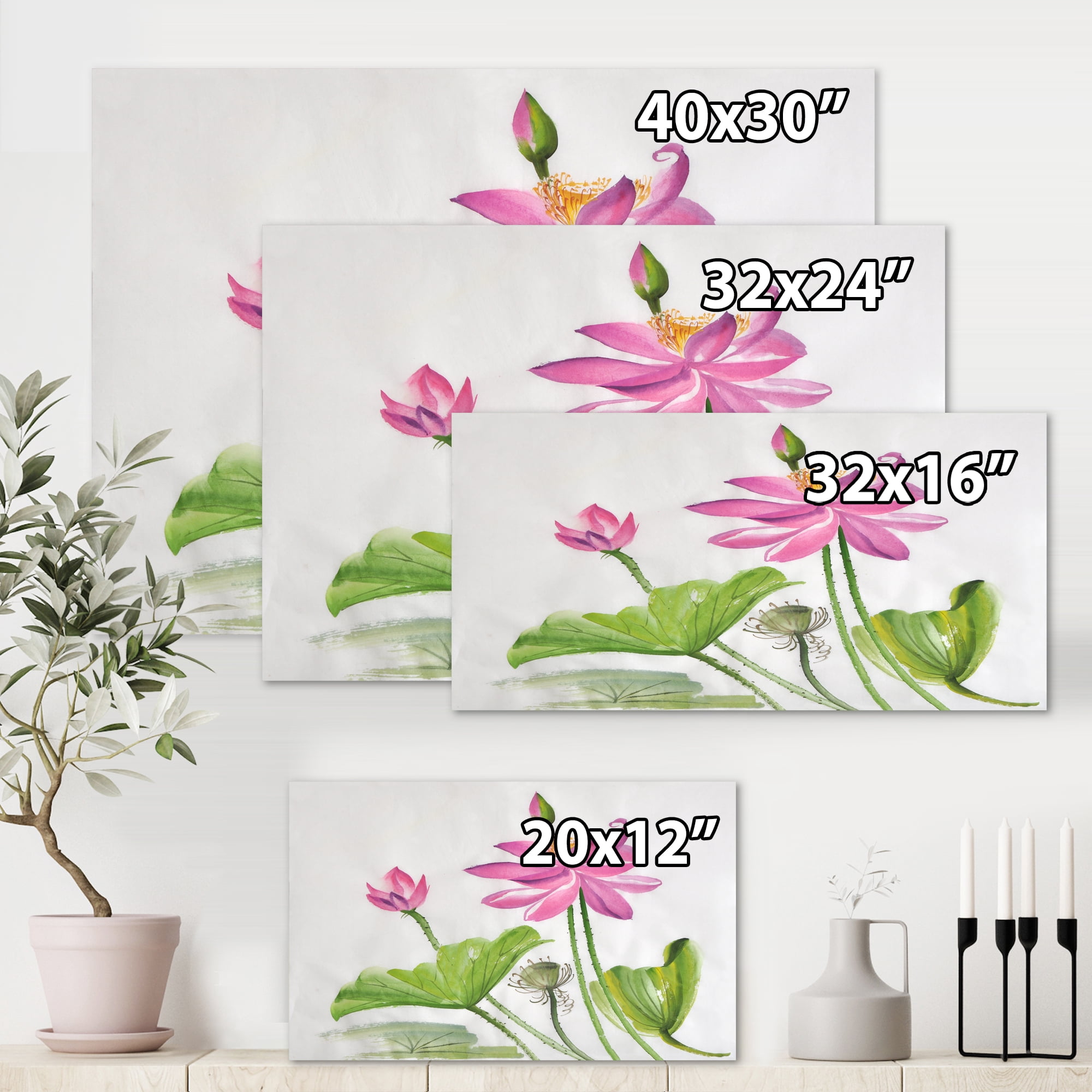 Designart ' Two Pink Lotus Flowers With Green Leaves ' Traditional Canvas Wall Art Print