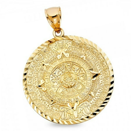 077 Kovacs Pendant - Calendario Azteca Pendant Solid 14k Yellow Gold Mayan Sun Calendar Pewtar Exotic Charm 40 x 40 mm