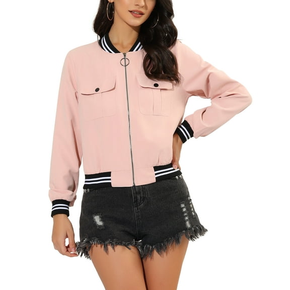 Allegra K Women's Stand Collar Long Sleeve Zip up Flap Pocket Bomber Jacket
