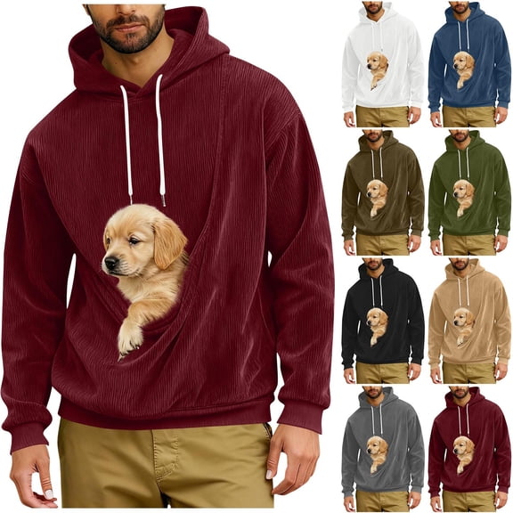 jobturf Cat Dog Carrier Hoodies for Men Puppy Kitten Carrying Sweatshirt Spring Fashion Pullover Top Large Pet Pocket Corduroy Shirt