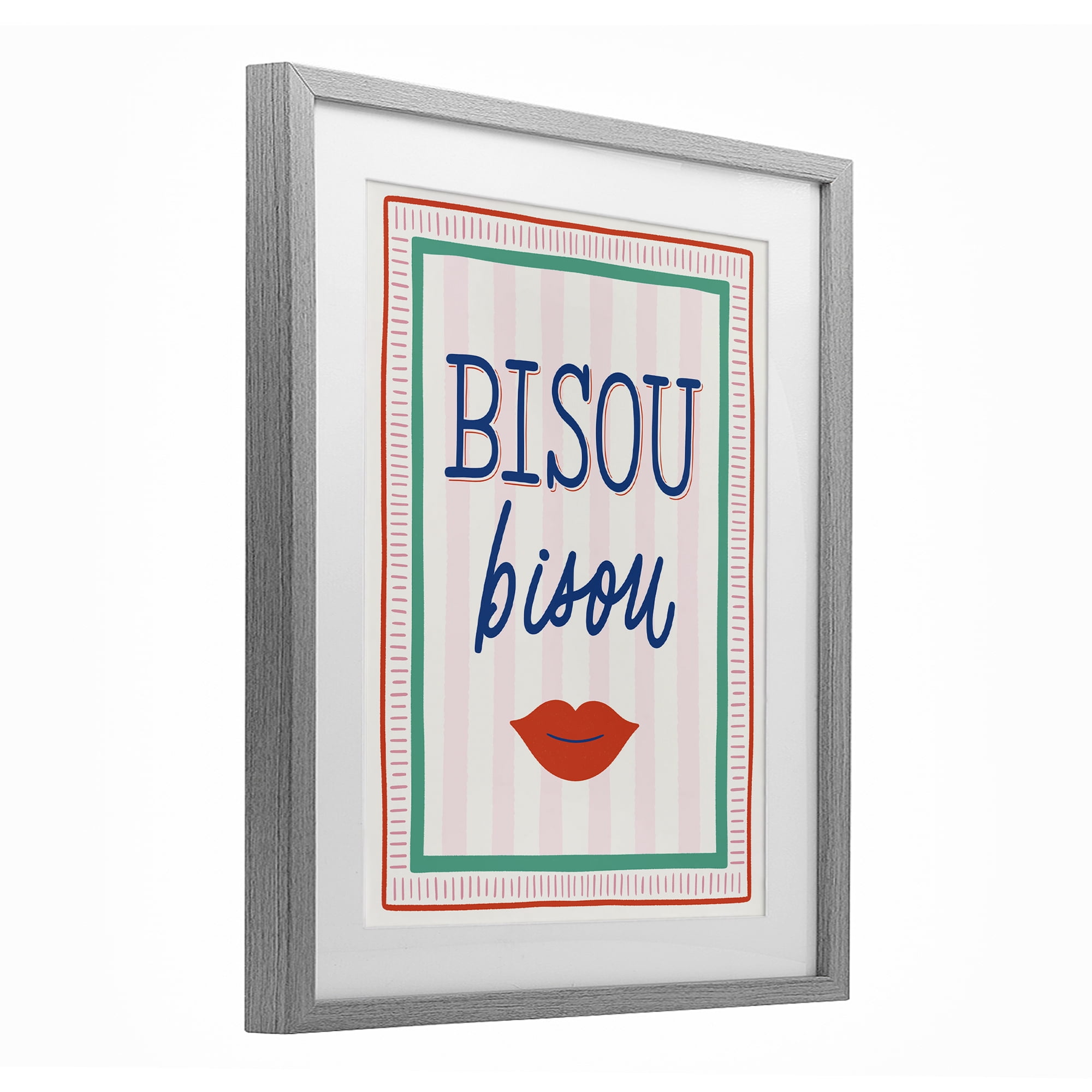 Stupell Industries Bisou Kiss over Stripes Gray Framed Print Under Glass, design by Jalynn Heerdt