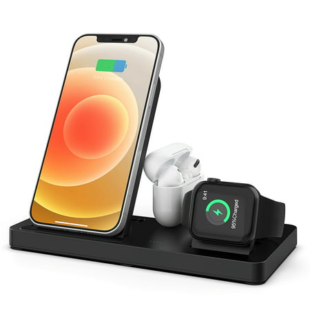 4 in 1 Wireless Charger, 10W Qi-Certified Fast Charger Pad Stand Charging Station Dock for iWatch Series SE 6/5/4/3 Airpods for iPhone 12 Pro Max/12 Mini /SE/11 Pro Max X XR XS Max 8 Plus