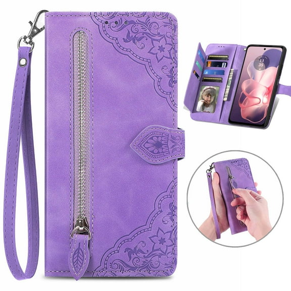 ShieldFlex for Samsung Galaxy S25 FE Wallet Case with Zipper Credit Card Holder, Embossed PU Leather Wrist Strap Flip Folio Phone Case Shockproof Cover for Women Men,Purple