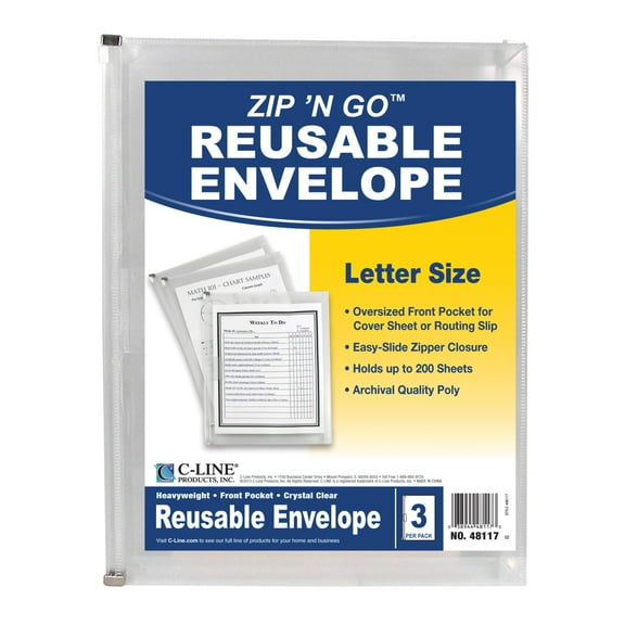 C-line Zip 'N Go Reusable Envelope with Outer Pocket, Clear, 3/PK (Set of 8 PK)