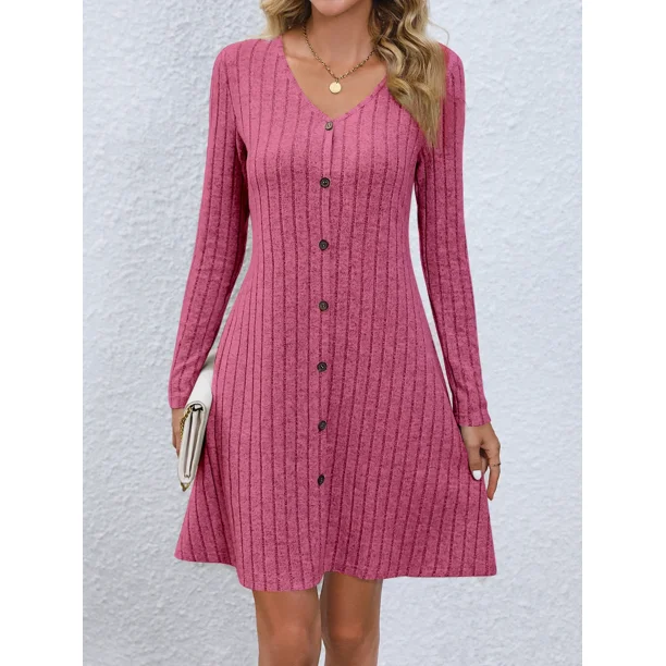 Minivestido de punto acanalado para mujer, traje liso de manga larga con botones, corte en A, ropa de calle para otoño, 2023