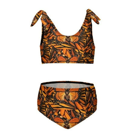 ORANGE MONARCH BUTTERFLY PATTERNED Girl s 2 Piece Bikini Set Beach Sport Swimsuit Swimwear 11-13Y160cm