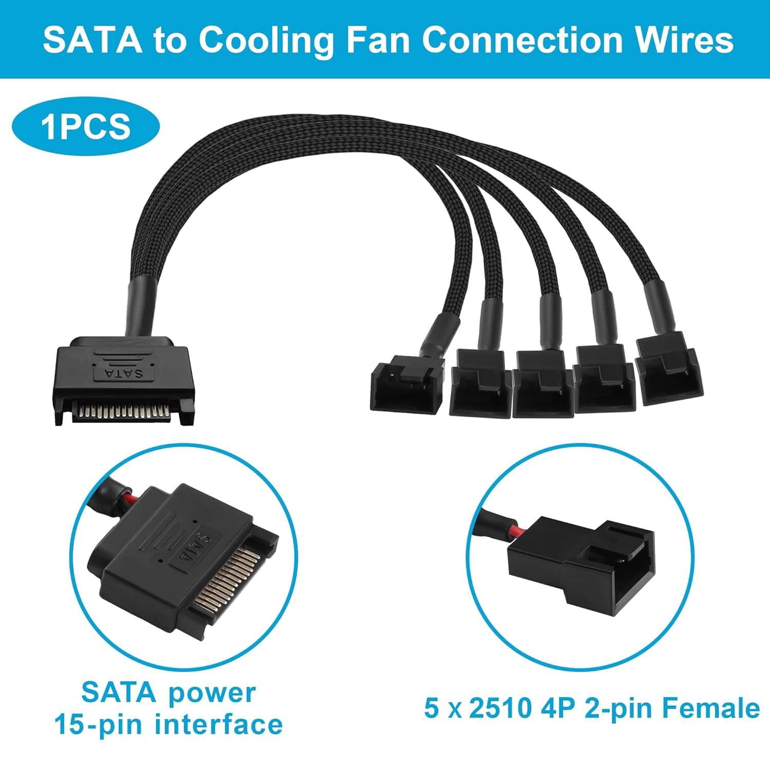 HRTGFD-PC Case Channel Fan Extension Cable PSU SATA 15-Pin to 2510 4P-2P Female Fan Adapter Cable (1 to 5) 26cm / 10.5 in