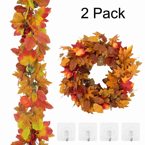 Leyaron Fall Wreath Garlands Set, 20" Autumn Maple Leaves Wreath 6 Ft Garland Fall Decorations for Home Farmhouse Fireplace Indoor Outdoor Thanksgiving Halloween Autumn Decor