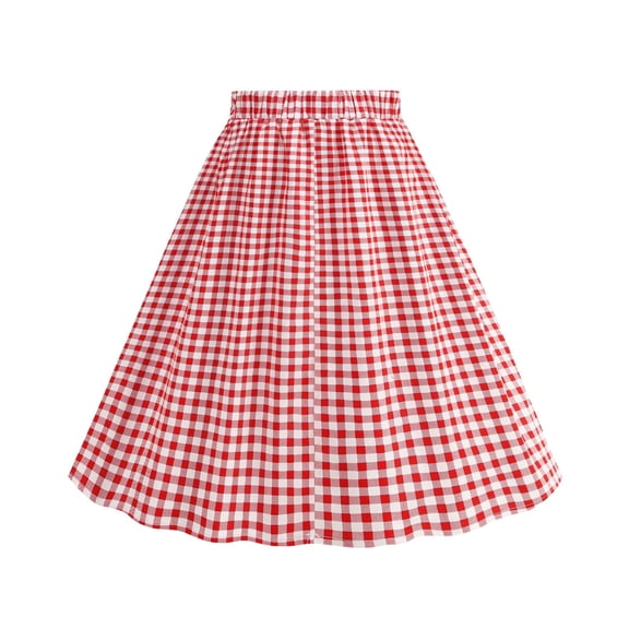 Jsaierl Women's Gingham Print A-Line Skirt, Elastic Waist Flared Midi Skirt, Casual Vintage Skirt for Picnic Daily Wear