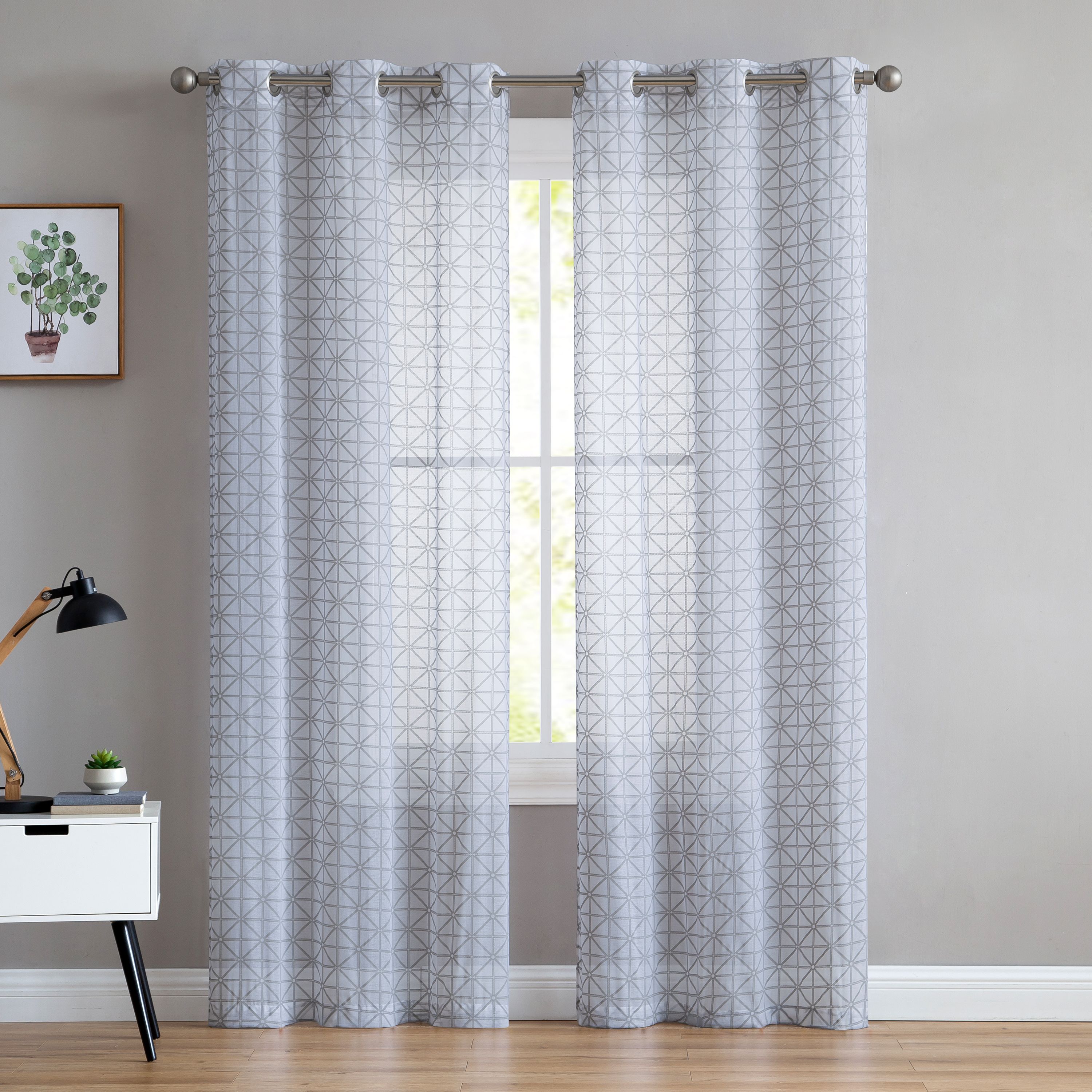 Vcny Home Chole Puff Printing Geometric Sheer Curtain Panel Pair 76 X 84 White Silver Walmart Com